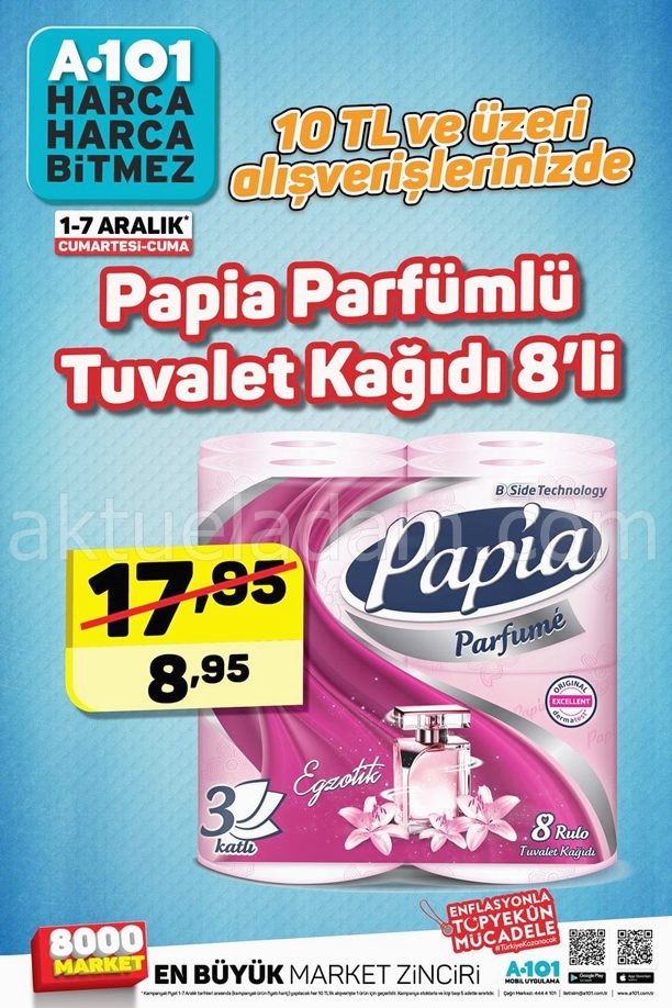 a101 1 aralık 2018 papia tuvalet kağıdı 10 tl üzeri indirimi