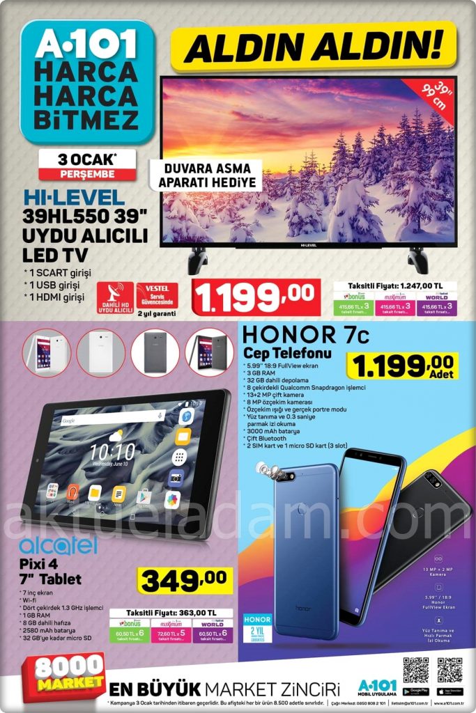 a101 3 ocak 2019 alcatel pixi 7 inç tablet