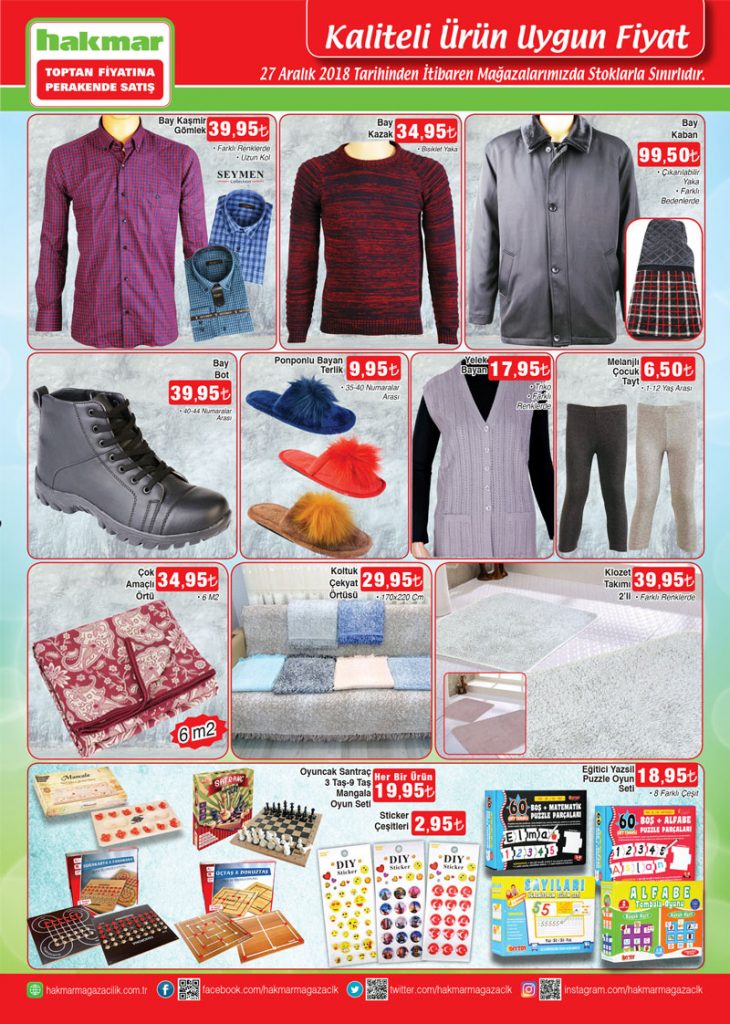 hakmar 27 aralık 2018 kışlık giyim ürünleri